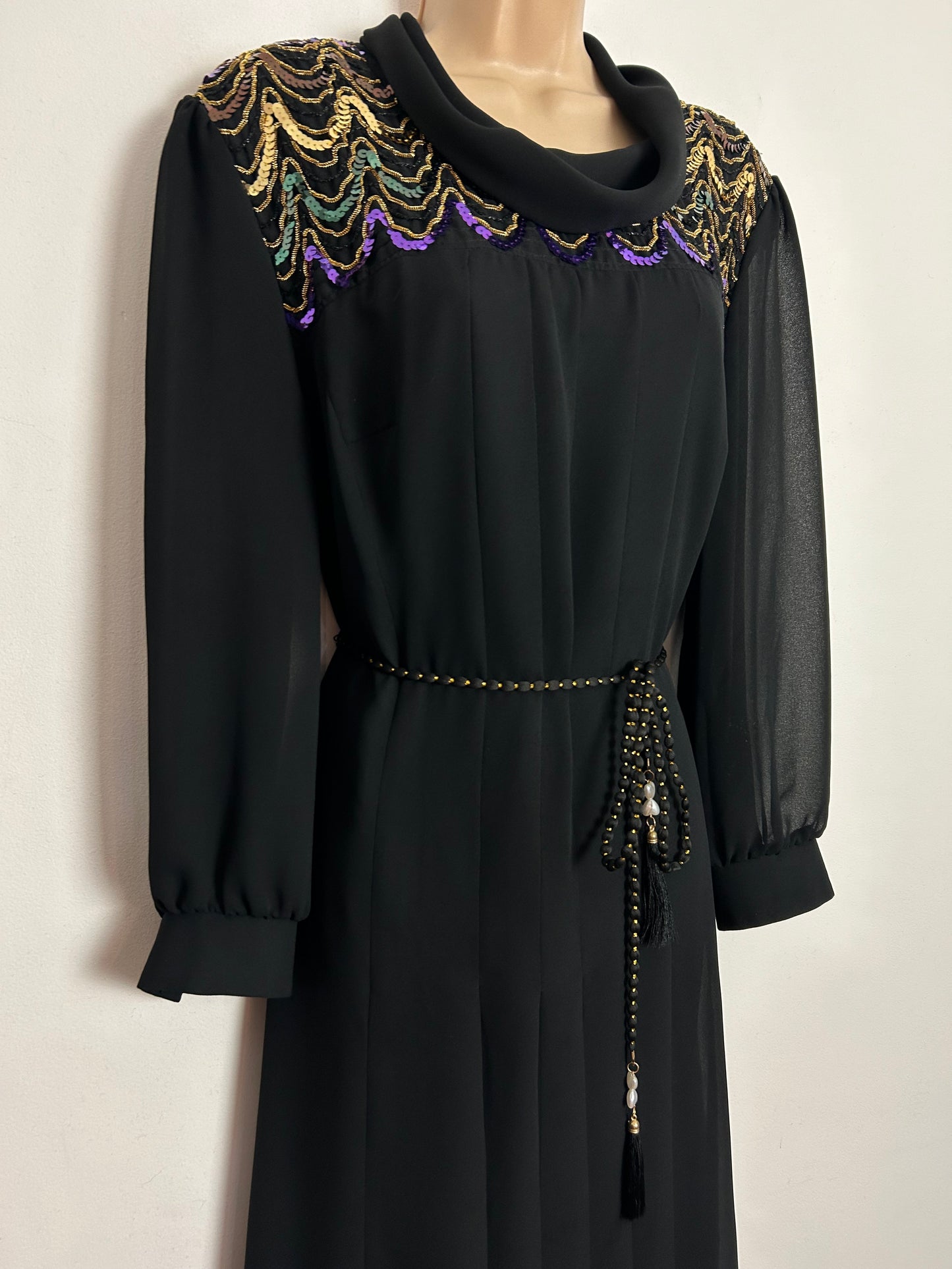 Vintage 1970s ESCO SPECIAL UK Size 16 Black Chiffon Gold & Purple Sequin & Braid Trim Belted Occasion Evening Maxi Dress