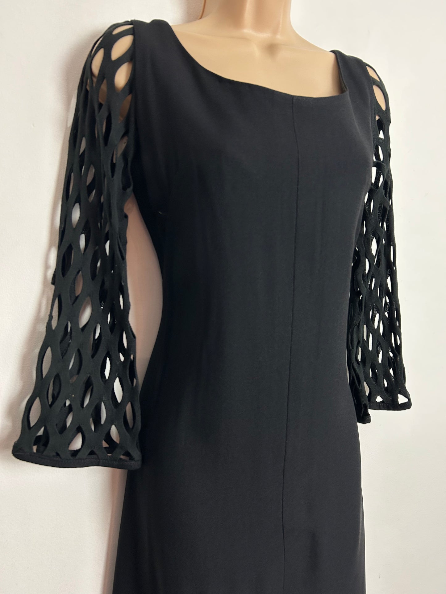 Vintage 1960s SEVENTH AVENUE UK Size 10-12 Black Cut Out Long Sleeve Detail Occasion Maxi Dress