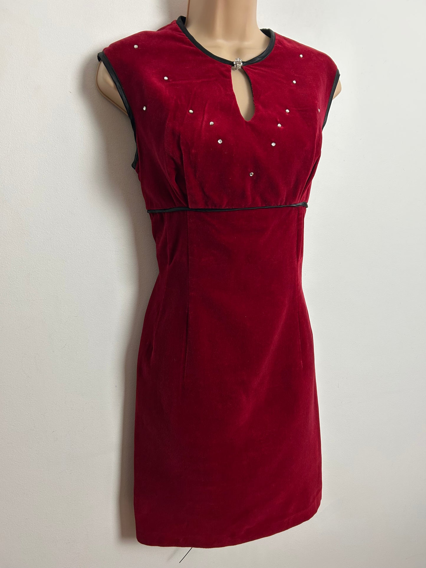 Vintage 1960s UK Size 8 Red Velvet Diamante Detail Xmas Party Mod Shift Dress