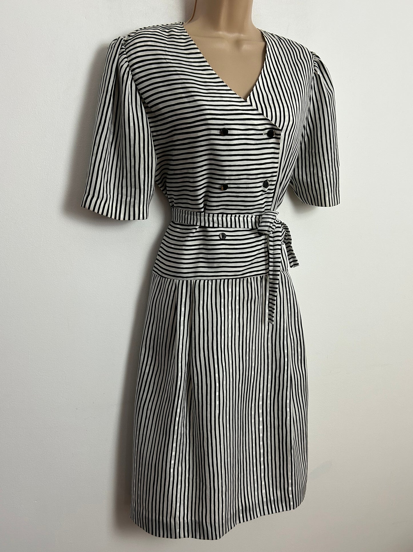 Vintage 1980s Designer GIVENCHY EN PLUS Size 14 Black & White Stripe Belted Pleated Day Dress
