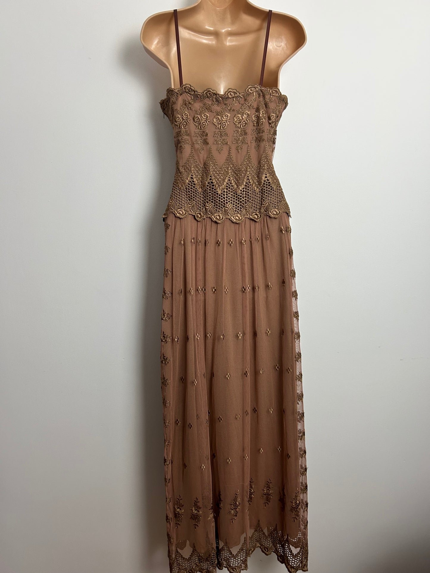 Vintage Late 1970s FRANK USHER Size 10 Beautiful Brown Lace Occasion Evening Gown