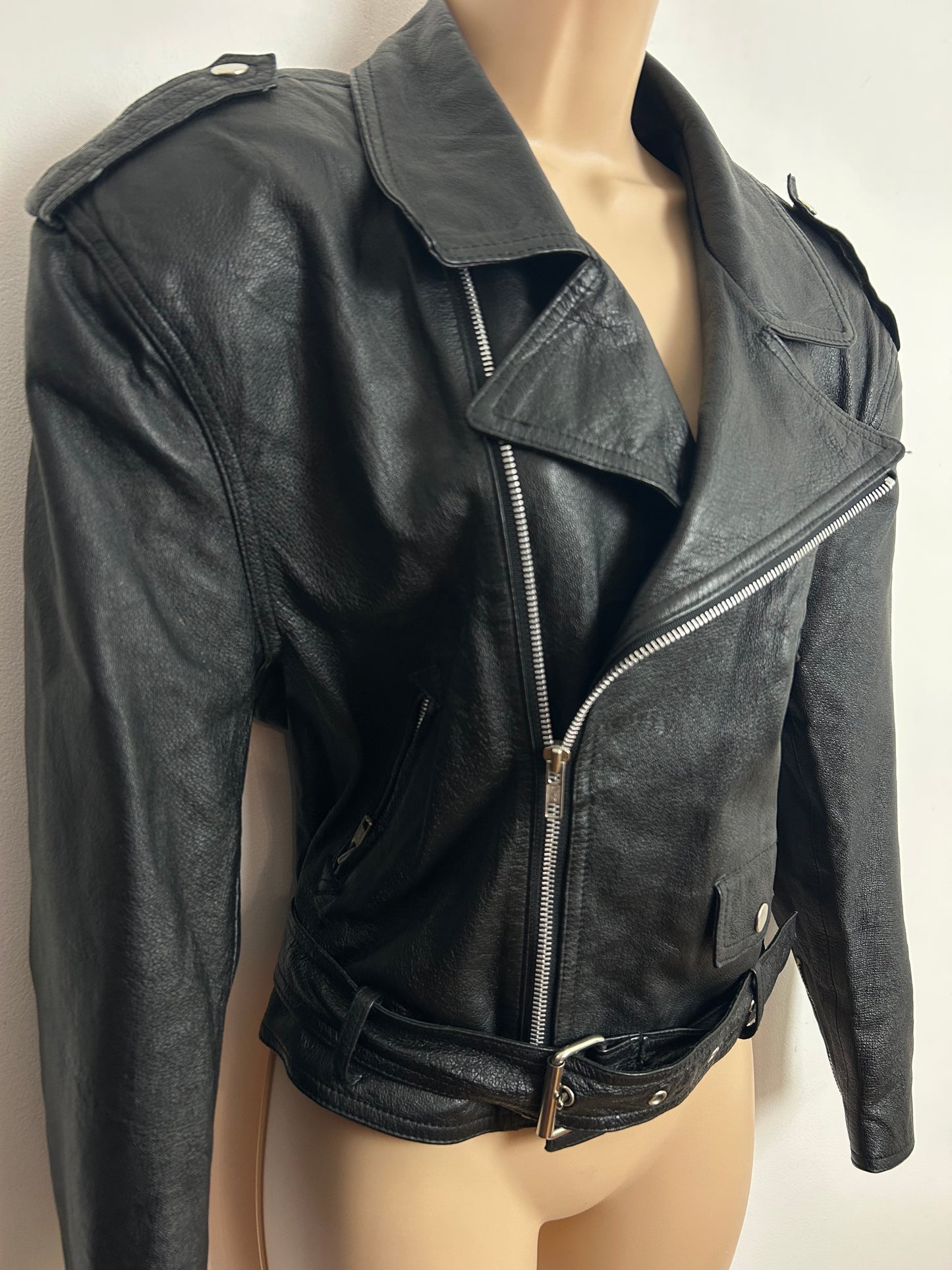 Vintage 1980s ECHTES LEDER UK Size 12-14 Black Leather Classic Biker Jacket