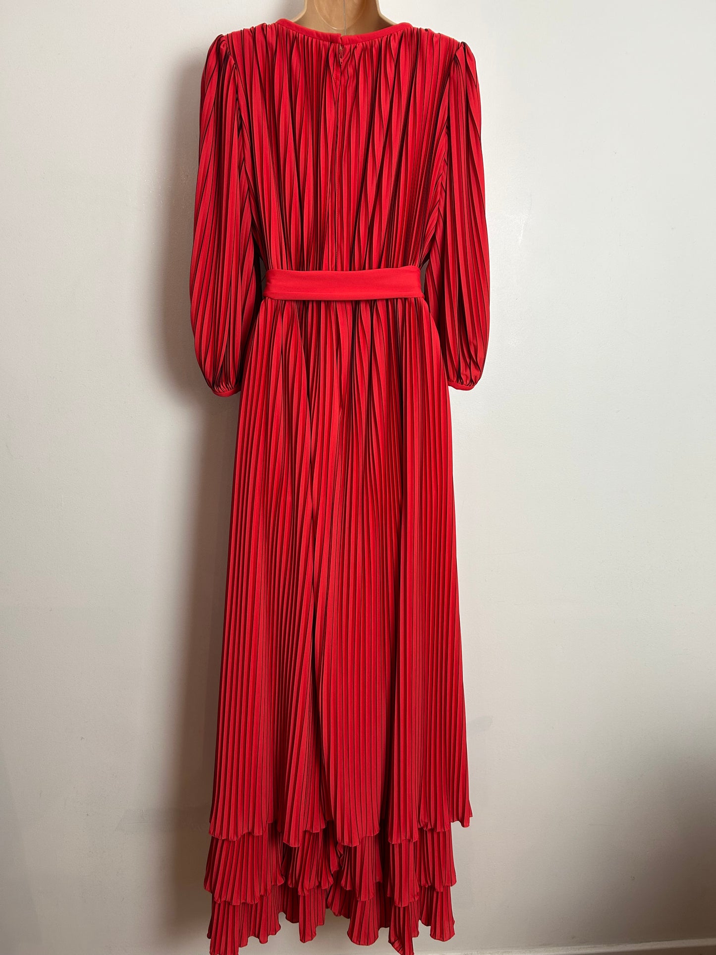 Vintage Late 1970s PETER ELLIS UK Size 10 Red & Black Stripe Edged Accordion Pleated Belted Occasion Maxi Dress