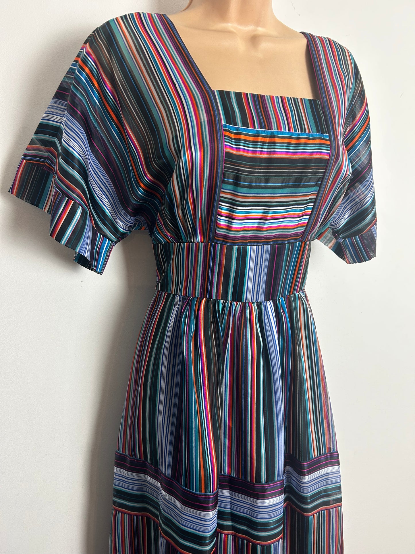 Vintage 1970s TRICOVILLE HANDFASHIONED Size 10 Brown Blue & White Stripe & Geo Print Long Sleeve Maxi Dress