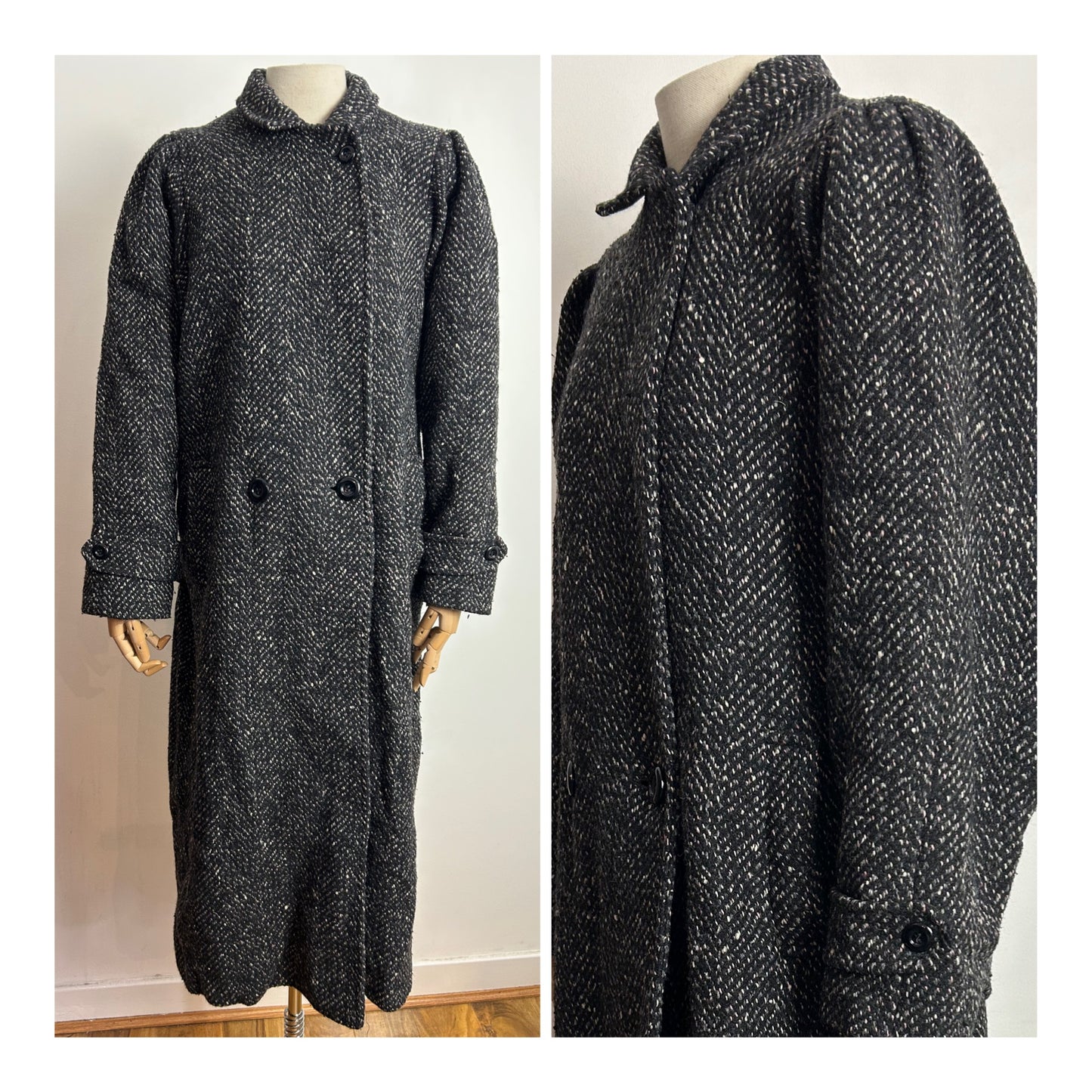 Vintage Early 1980s UK Size 14-16 Black Fleck Wool Longer Length Fully Lined Winter Coat
