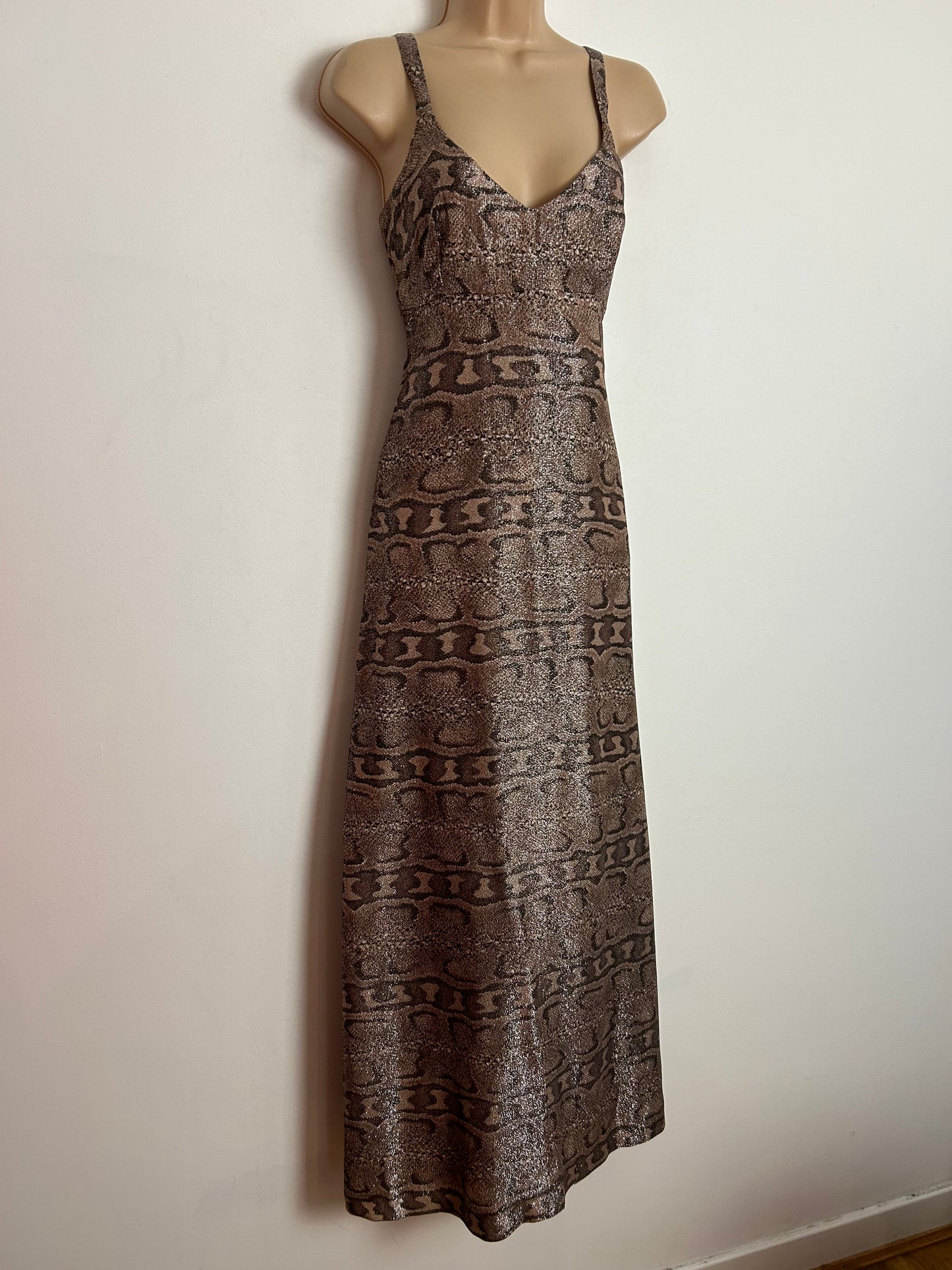 Vintage 1970s JINTYS LONDON UK Size 10 Brown Tones Lurex Animal Print Party Evening Maxi Dress