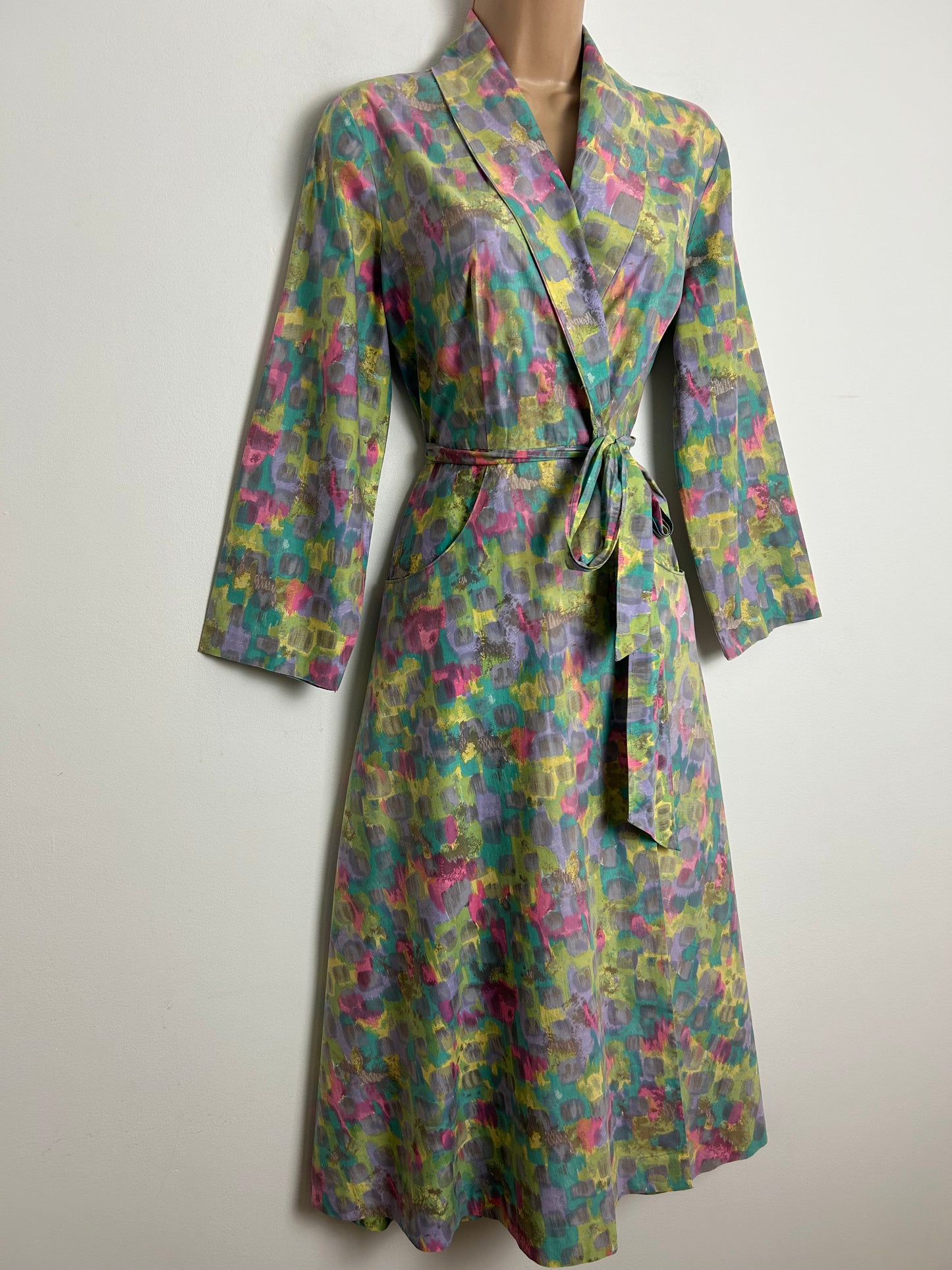 Vintage Late 1950s/Early 1960s Size 10-12 Green Pink Lilac & Turquoise Abstract Print Cotton Full Wrap Belted Day Dress