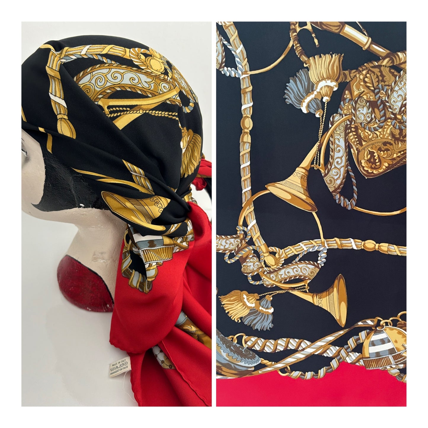 Vintage Italian Red Black & Brown Equestrian Saddle Cap Horn Regalia Print Large Scarf 86cm x 86cm