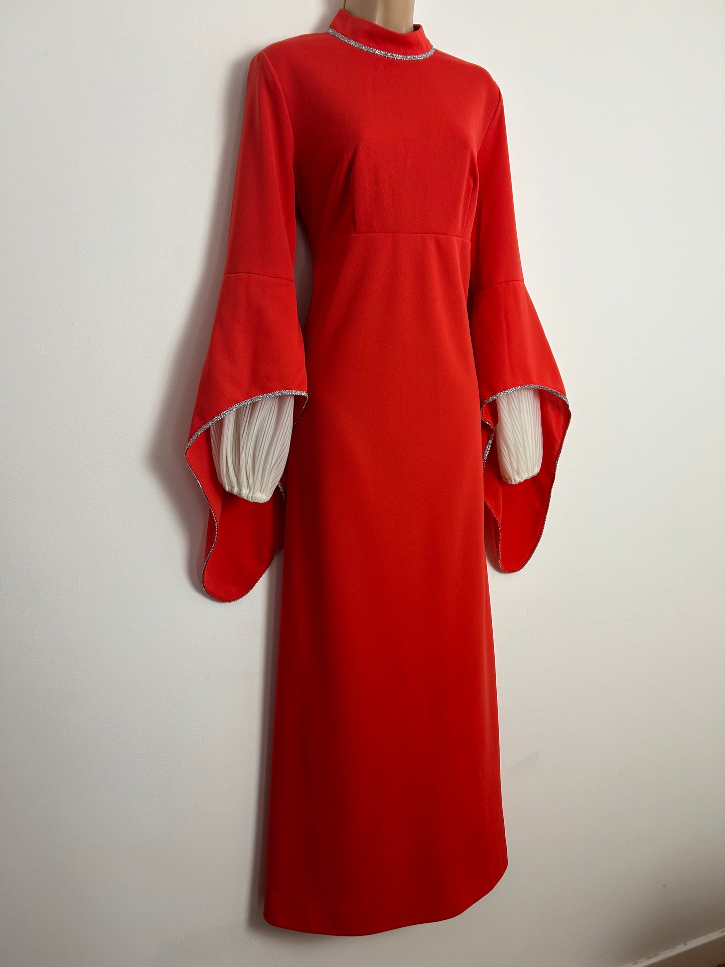 Vintage 1970s HENRIQUES OF LONDON UK Size 14 Orangey Red Long Double Sleeve Prairie Boho Occasion Maxi Dress