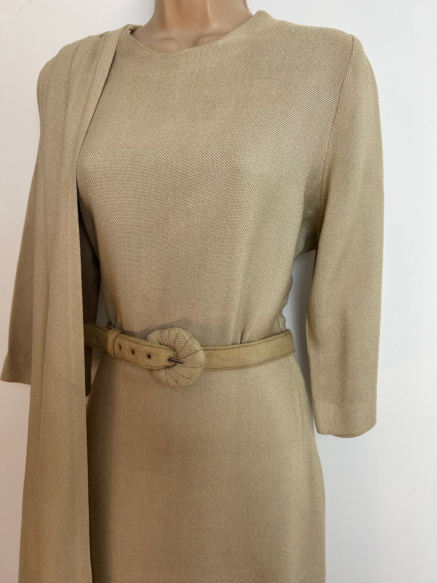 Vintage 1950s CHARLES BUTLER Size 12 Beige MOYGASHEL Irish Linen Belted Dress
