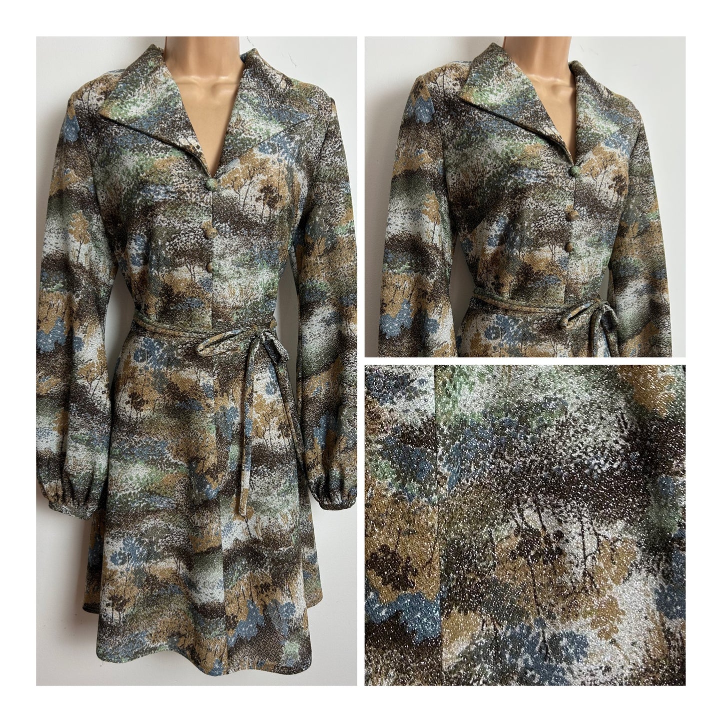 Vintage 1970s CLIVE BYRNE Size 12-14 Silver Brown Green & Beige Abstract Tree Print Lurex Belted Long Sleeve Dress