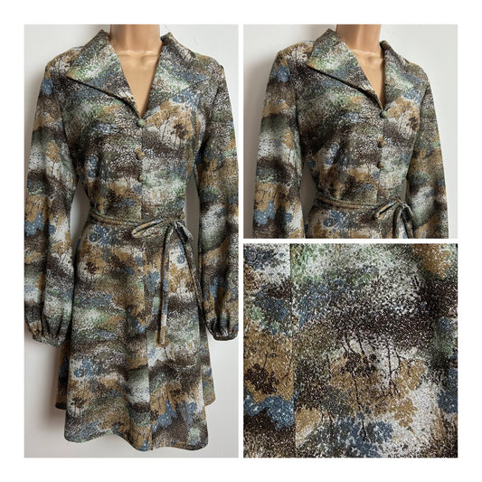 Vintage 1970s CLIVE BYRNE Size 12-14 Silver Brown Green & Beige Abstract Tree Print Lurex Belted Long Sleeve Dress