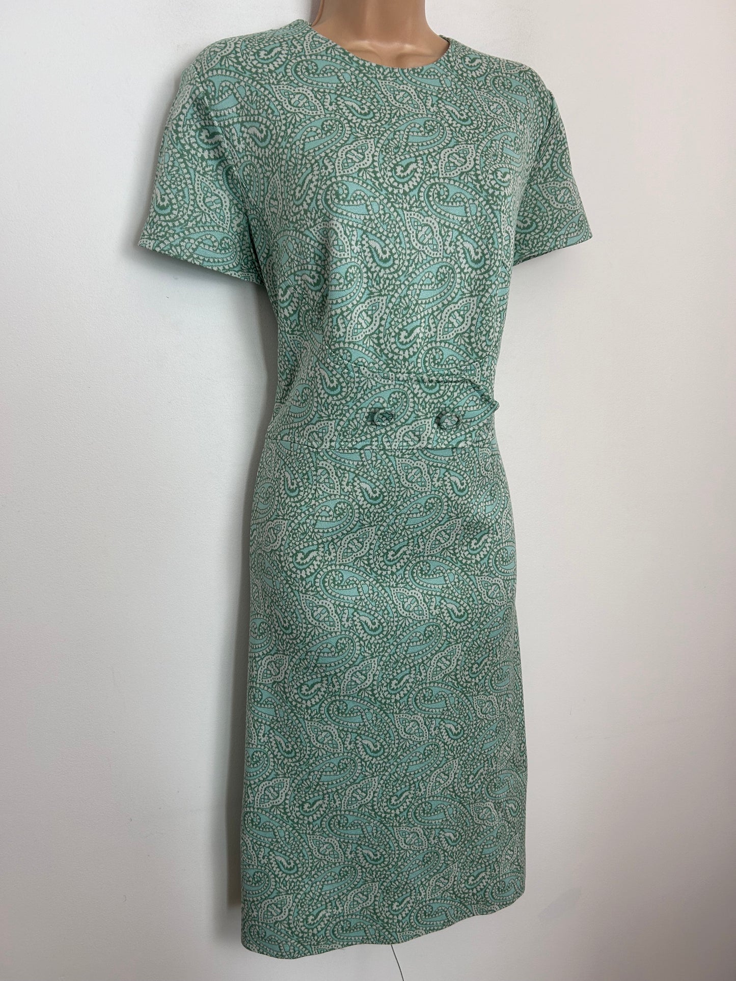 Vintage 1960s UK Size 16 Green Tones Paisley Print Crimplene Mod Shift Dress