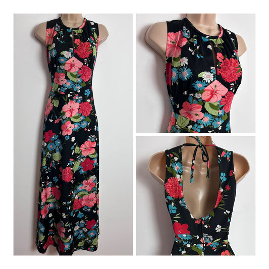 Vintage 1970s UK Size 10 Black Coral Tones & Blue Floral Print Open Back Sleeveless Boho Maxi Dress