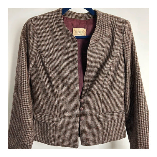 Vintage 1980s PLUM TREE CANADA Size 10 Brown Tweed Wool Mix Collarless Blazer