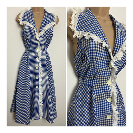 Vintage 1970s Size 6-8 Blue & White Gingham Check Lace Trim Open Back Tie Back Midi Cotton Summer Dress