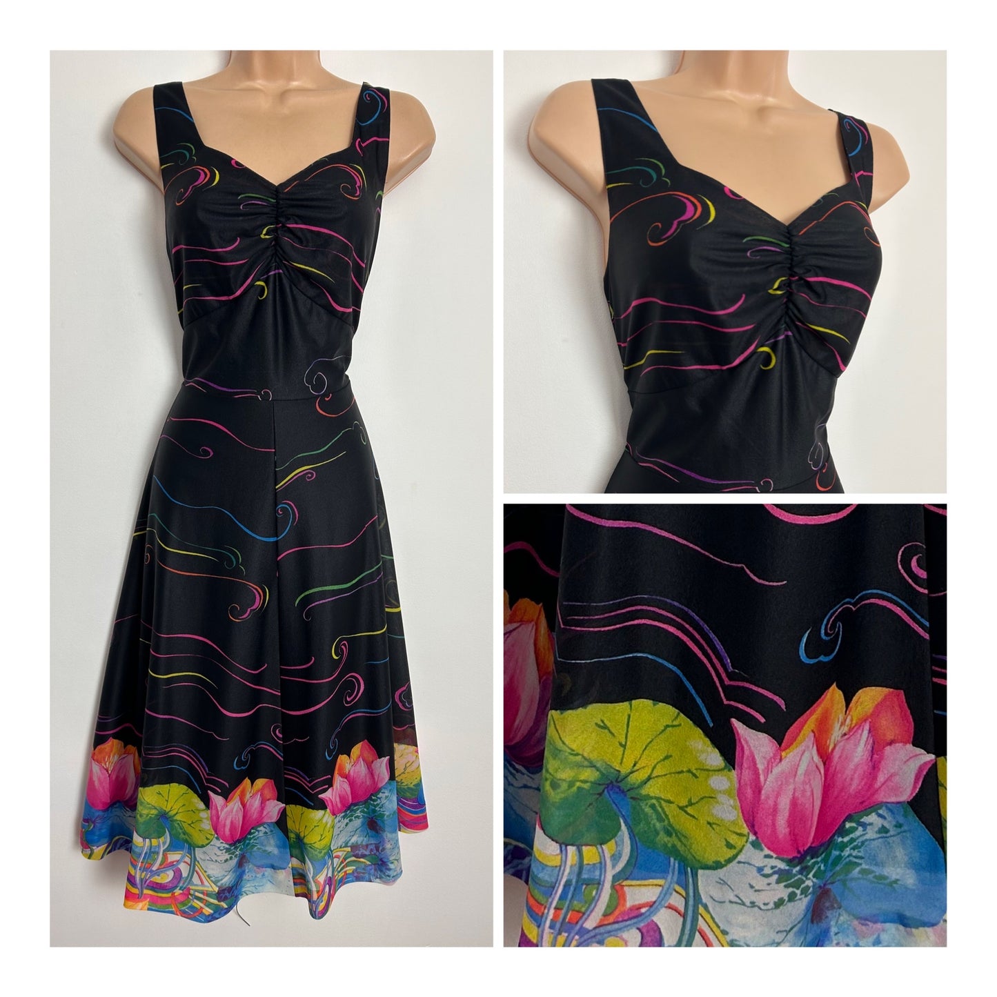 Vintage Late 1970s/Early 1980s UK Size 10-12 Black Pink Green Blue Swirl & Water Lily/Lily Pads Print Dress