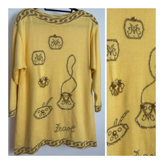 Vintage 1990s Size 14 Yellow & Gold Handbag & Purses Pattern Novelty Jumper