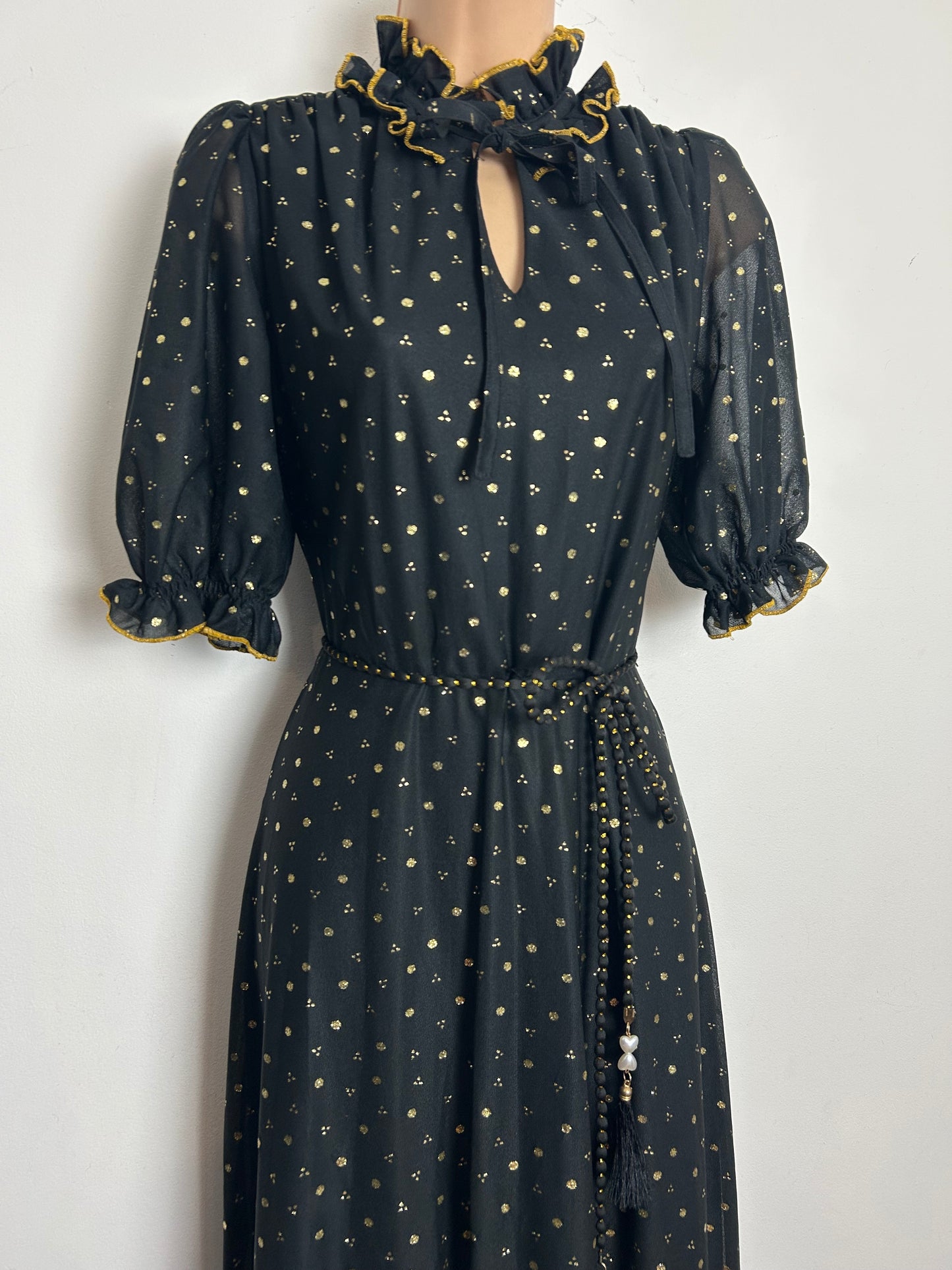 Vintage 1970s Size 10 Black & Metallic Gold Spot Print Belted Prairie Evening Maxi Dress