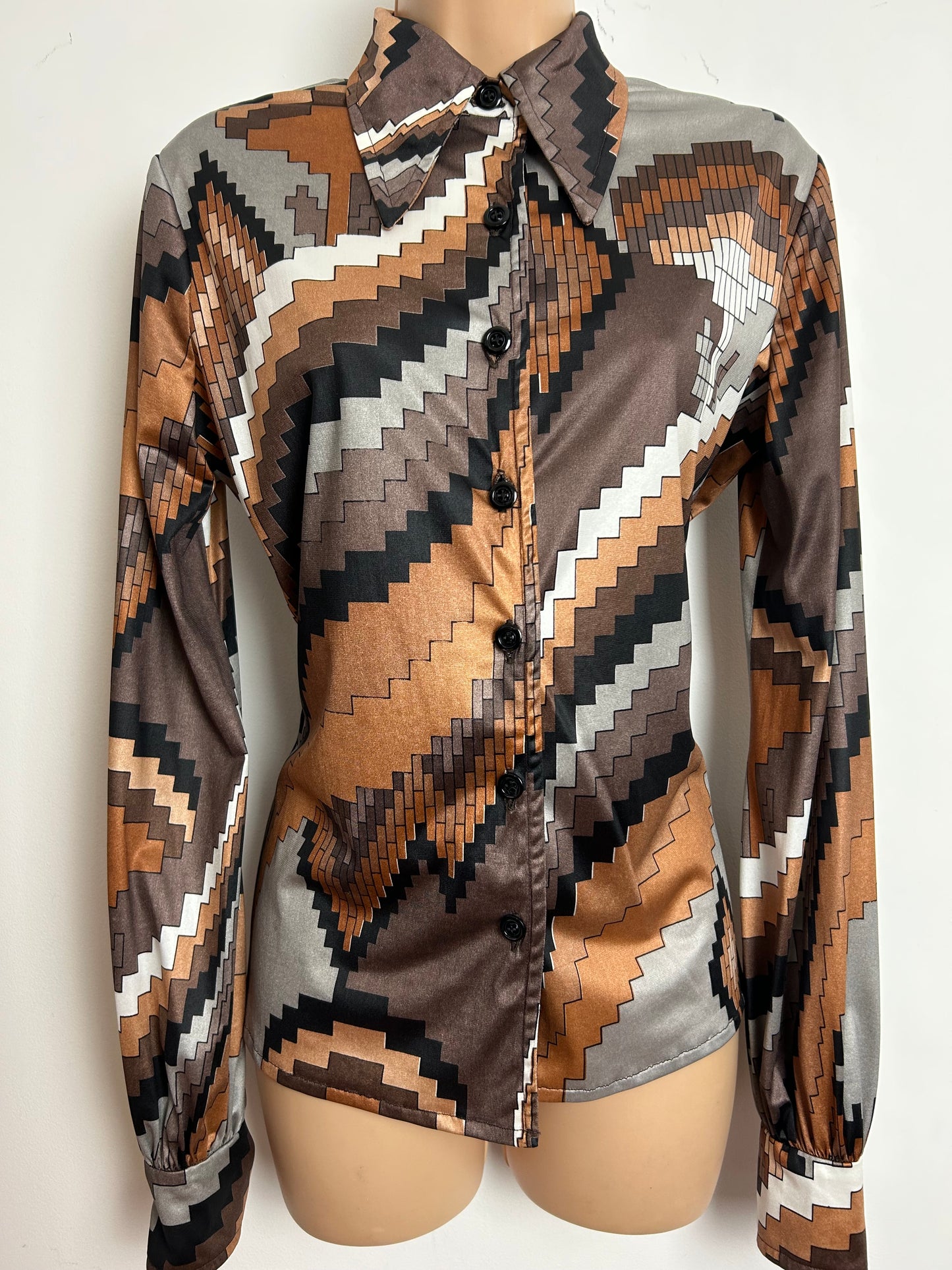 Vintage 1970s VILEDA Size 14 Brown & Grey Tones Geo Print Dagger Collar Long Sleeve Shirt