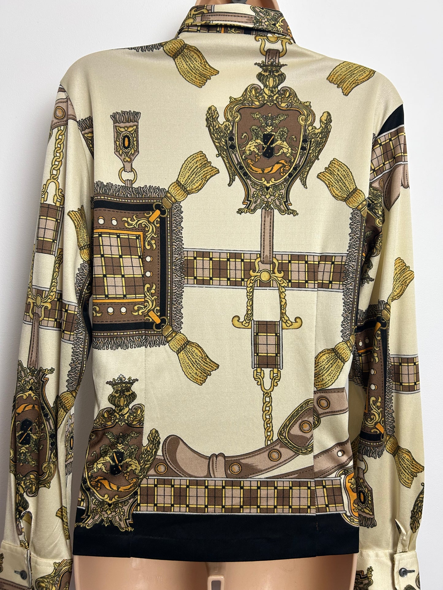 Vintage Early 1980s Size 14 PAUL DAREL SIGNED Cream & Brown Baroque Equestrian Print Shirt