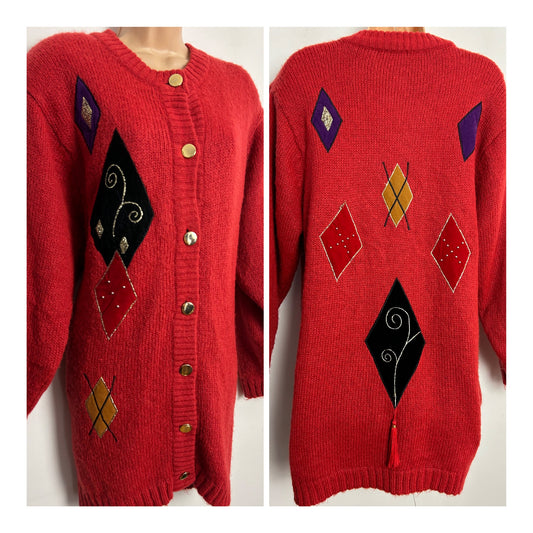 Vintage 1980s One Size UP To Size 16 Burnt Orange Velvet & Gold Thread Applique Detail Mohair Mix Cardigan