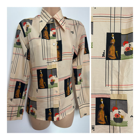 Vintage 1970s MAX AVILAND Size 12-14 Beige Stripe Floral & Crinoline Lady Dagger Collar Shirt