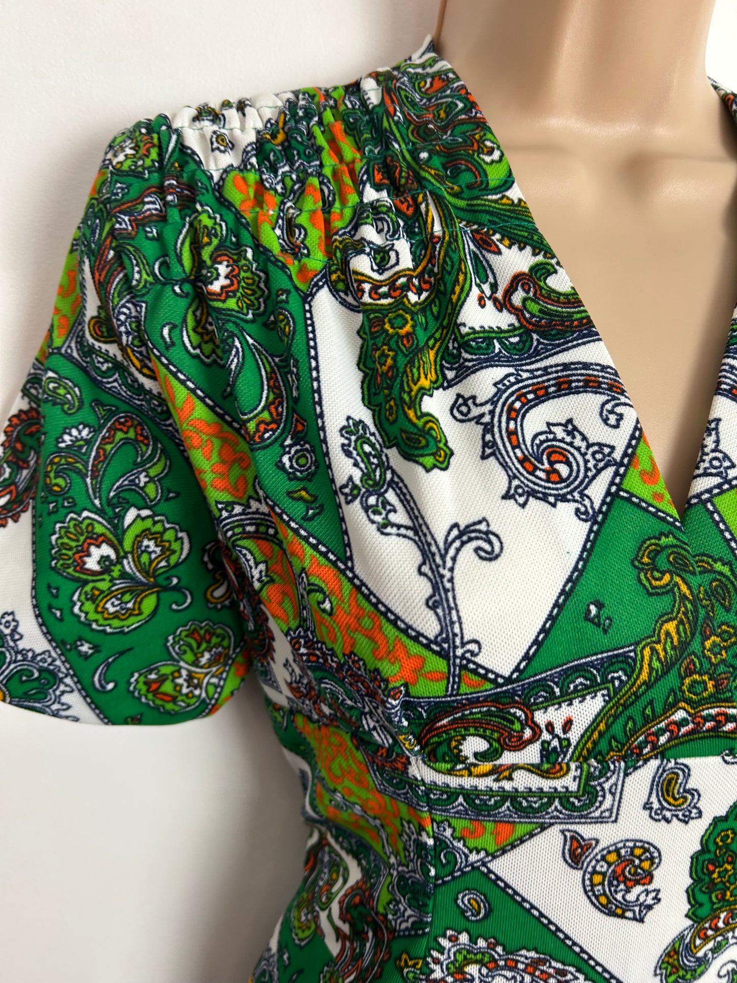 Vintage 1970s Size 10 Green White & Orange Nouveau Scarf Print Maxi Dress
