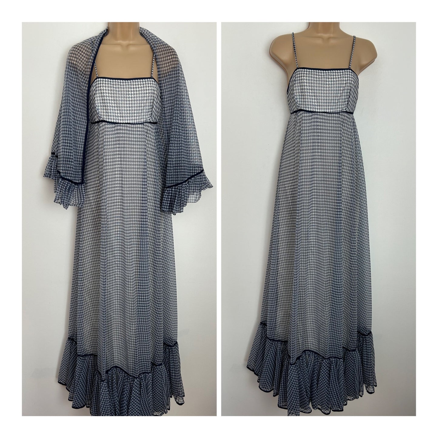 Vintage 1970s AFTER SIX BY RONALD JOYCE UK Size 8 Blue & White Dogtooth Check Strappy Empire Line Maxi Dress With Matching Scarf/Shawl