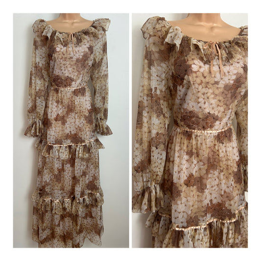 Vintage 1970s Size 10 Brown Tones Floral Print Long Sleeve Tiered Nylon Prairie Boho Maxi Dress