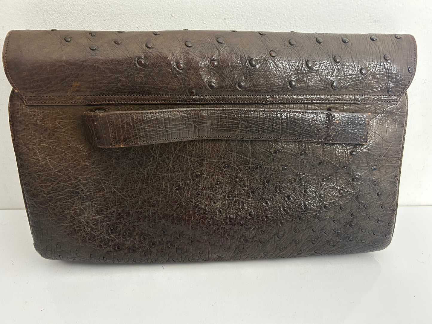 Vintage 1950’s Large Brown Ostrich Leather Clutch Bag With Hand Strap To The Back