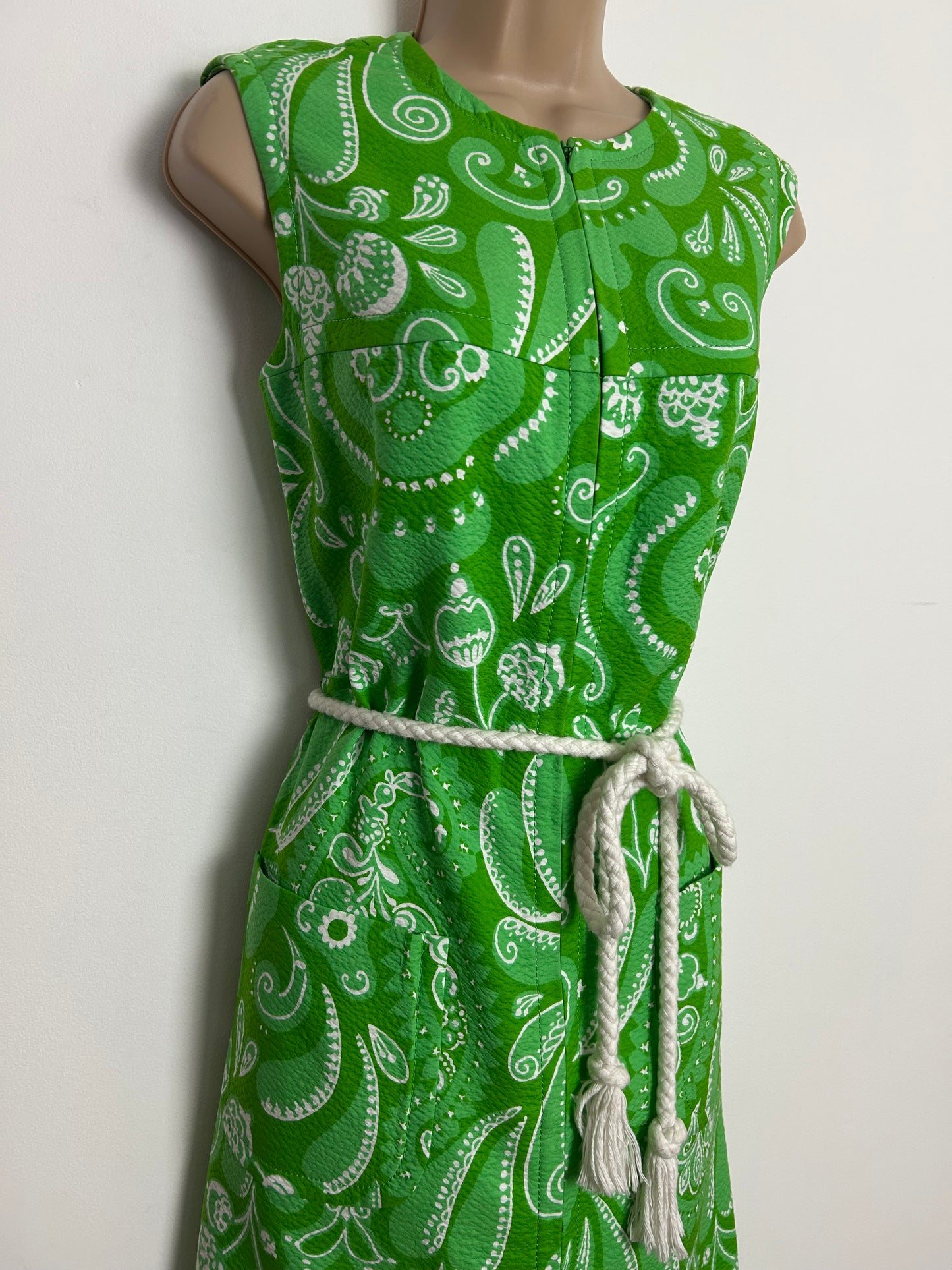 Vintage 1970s QUEILLER Size 10-12 Green & White Textured Cotton Floral & Paisley Print Belted Maxi Dress