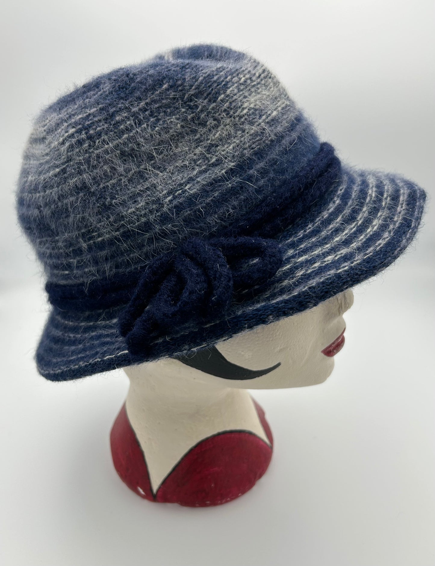 Vintage C&A Blue & White Stripe Angora  & Wool Mix Bow Detail Trilby Style Hat