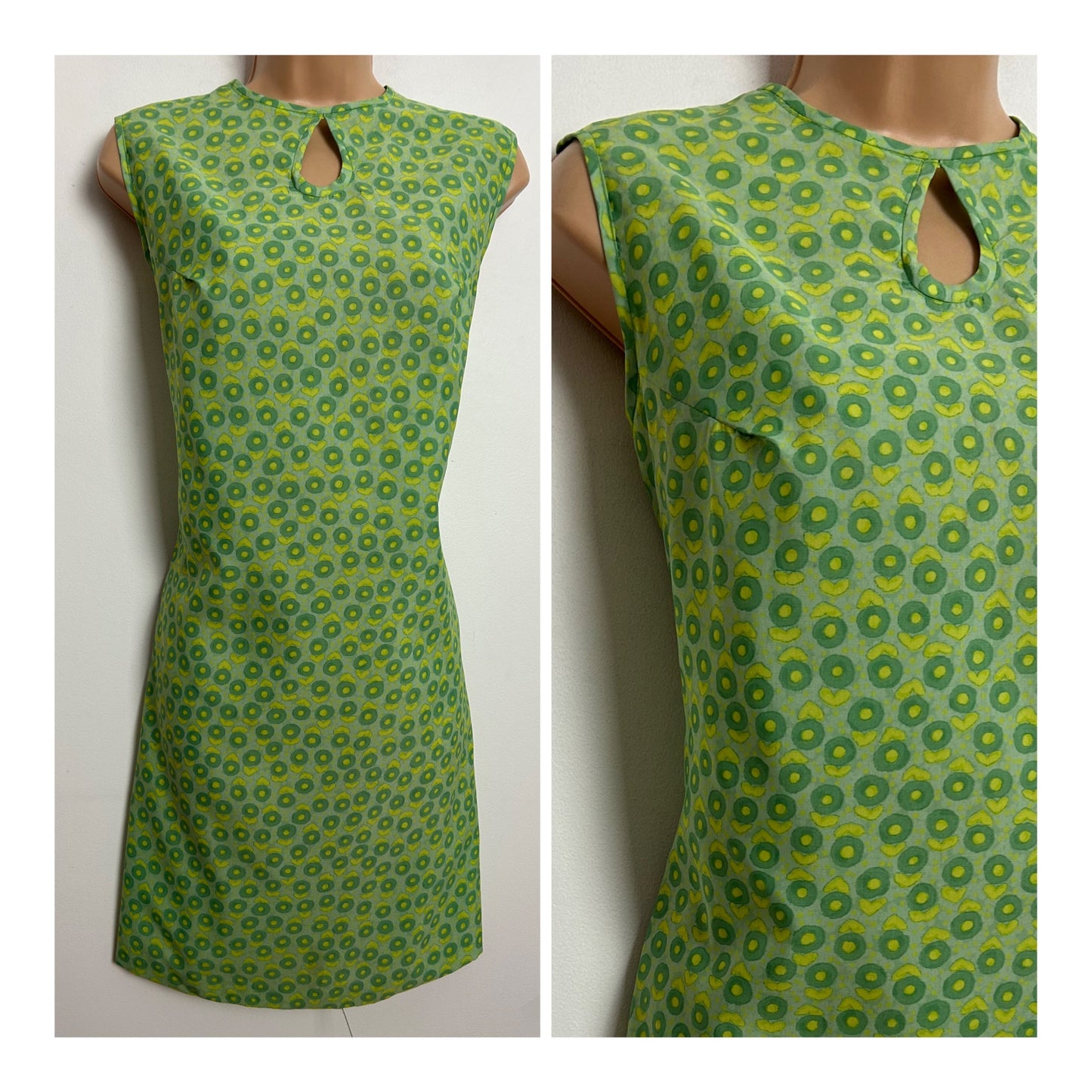 Vintage 1960s UK Size 12-14 Green Tones Abstract Circle Print Lightweight Mod Shift Dress