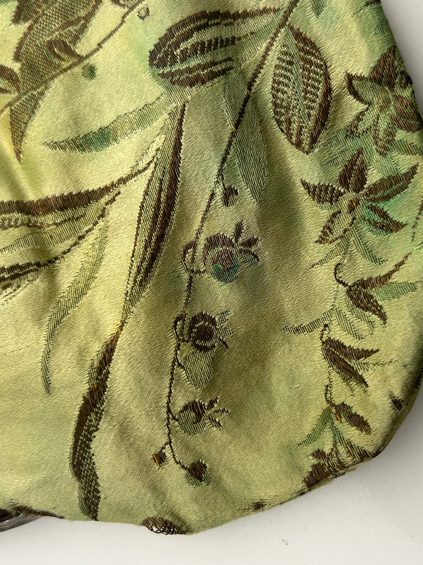 Antique Circa 1900's Victorian/Edwardian Silver Cherub Frame Green Silk jacquard Bag