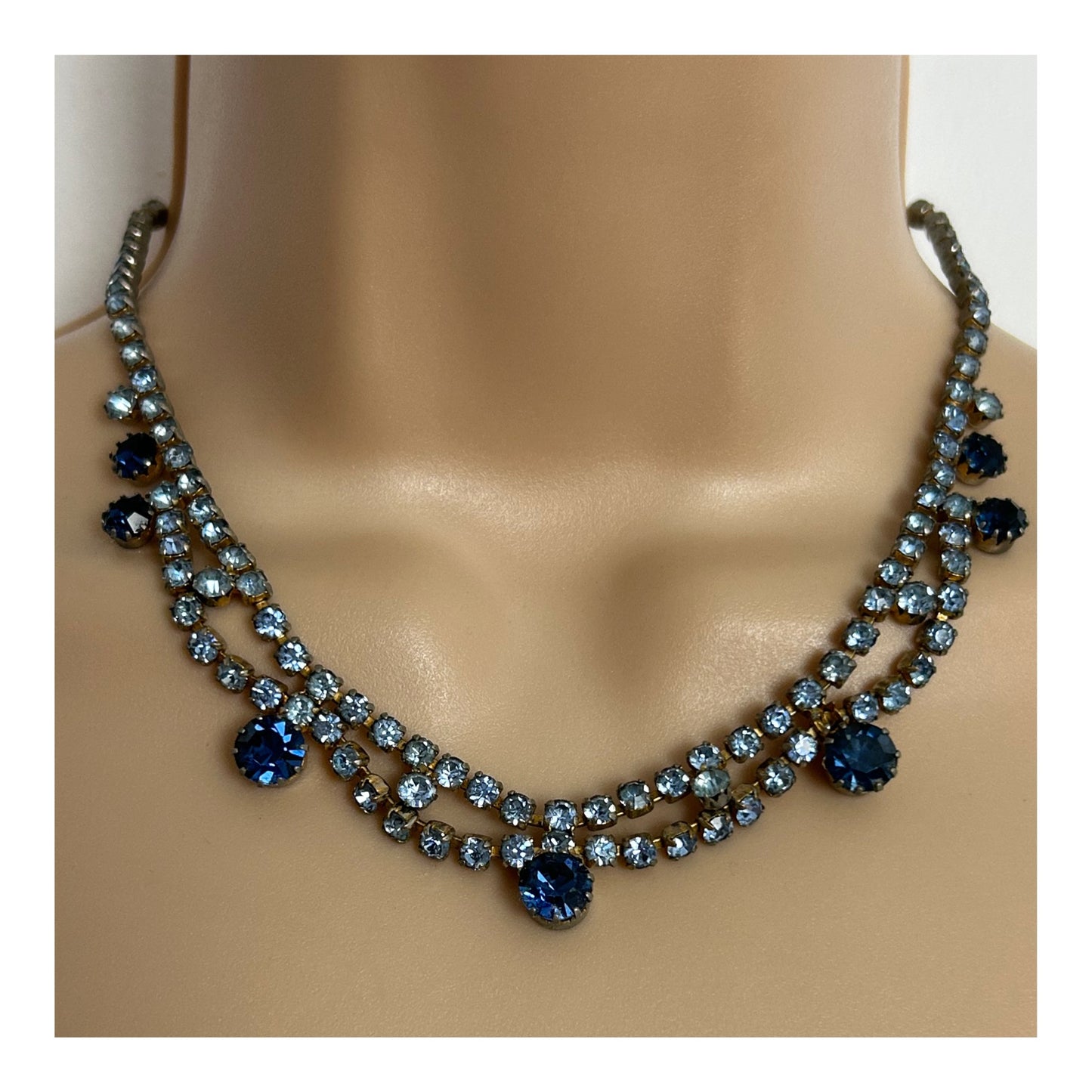 Vintage 1960s Gold Tone & Blue Diamante & Glass Stone Set Necklace
