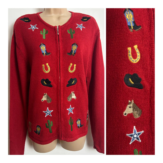 Vintage ROD'S Western Wear Size M (Up to size 14) Red Cowboy Line Dancing Applique Novelty Cardigan