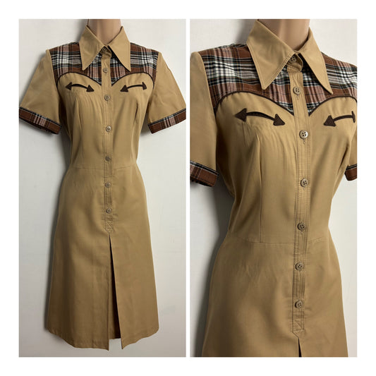 Vintage 1970s BETTY BARCLAY UK Size 10 Beige Cotton Mix Check Contrast Short Sleeve Western Style Day Dress