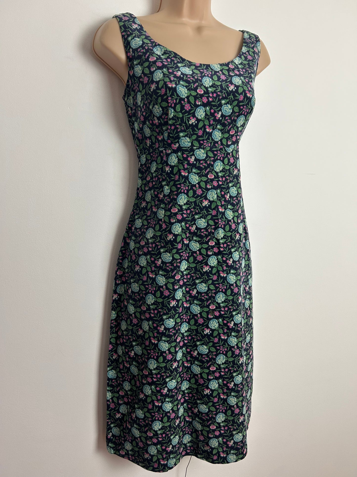 Vintage 1970s FLORINE PARIS Size 8 Navy Blue Pink & Green Floral Print Needlecord Corduroy Day Dress