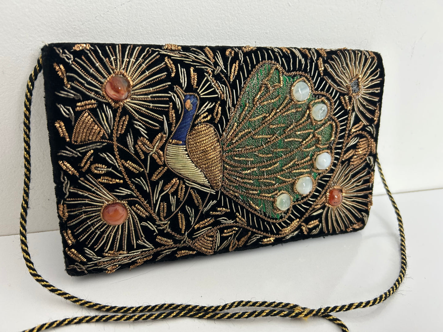 Vintage 1960s Zardosi Black Velvet & Gold Embroidered Peacock Design Shoulder Bag