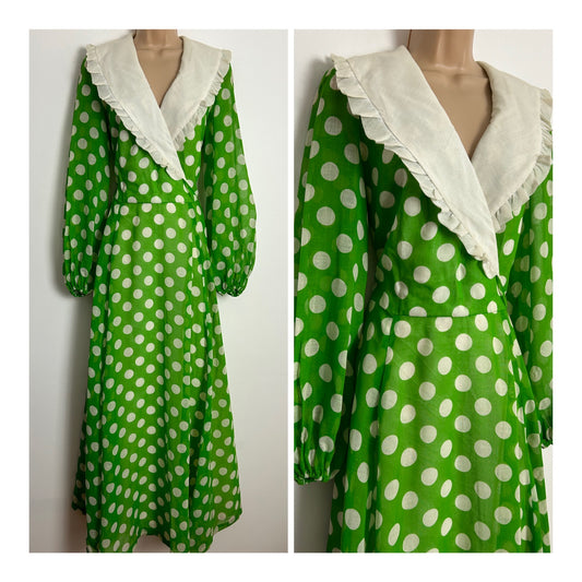 Vintage 1970s COCO CALIFORNIA UK Size 12 Green & White Polka Dot/Spot Print Feature Collar Long Sleeve Boho Maxi Dress