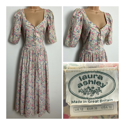 Vintage 1980s LAURA ASHLEY Size 8 Pale Lemon Mauve & Pink Floral Print Cotton Midi Tea Dress