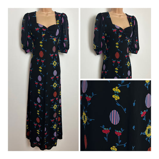 Vintage 1970s Size 8 Black Multicolour Floral & Circle Print Short Sleeve Maxi Dress