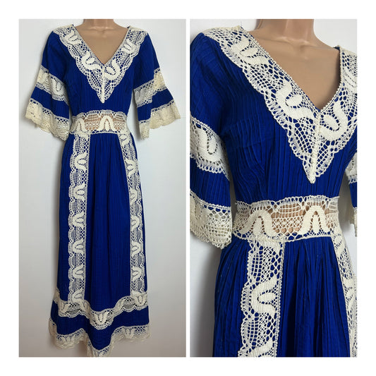 Vintage 1970s MEXICAN Size 10 Royal Blue Pintuck Pleated Crochet Lace Detail Cotton Maxi Dress