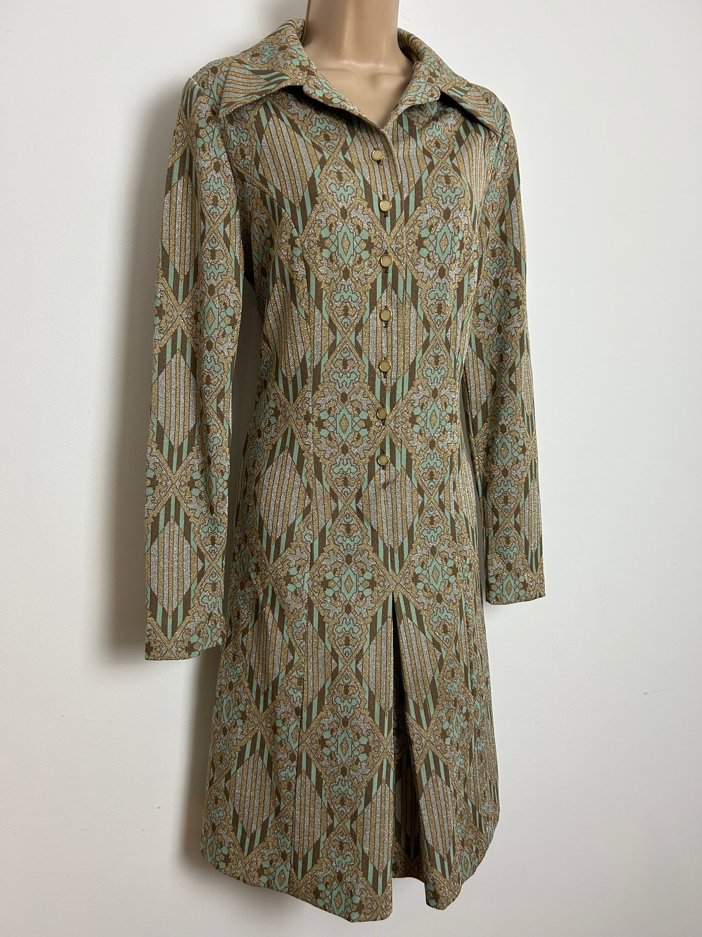 Vintage 1970s Size 12 Brown Mint Green Metallic Gold & Silver Lurex Abstract Stripe Print Long Sleeve Occasion Party Dress
