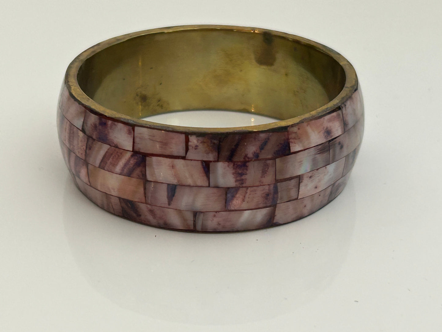 Vintage 1980s Gorgeous Brass With Pink Mother Of Pearl Set Wide Bangle
