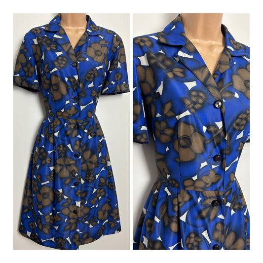Vintage Late 1950s Size 10-12 Blue Brown & White Floral Print Pleated Nylon Day Dress