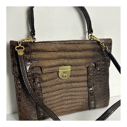 Vintage 1970s Large Brown Real Leather Mock Croc Handbag
