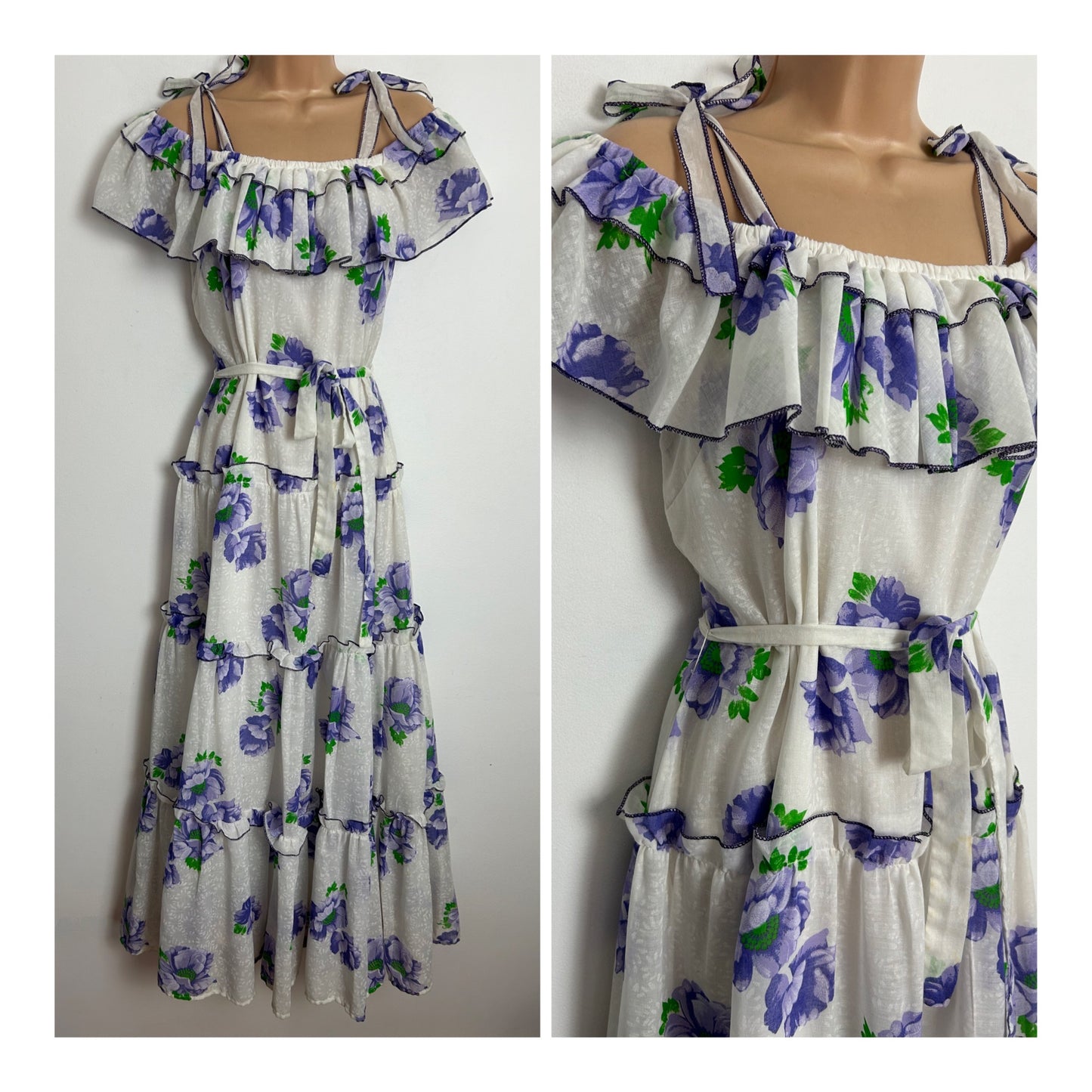 Vintage 1970s UK Size 6 Pretty White & Violet Floral Print Bardot Tie Shoulder Belted Boho Summer Maxi Dress