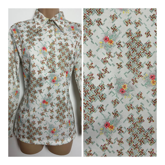 Vintage 1970s Size 10 White Red Yellow & Mint Green Floral Geo Print Shirt